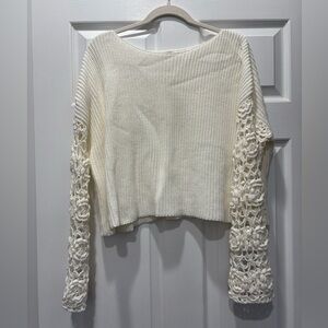 Cream Crochet-Sleeve Scoop Neck Knit Sweater